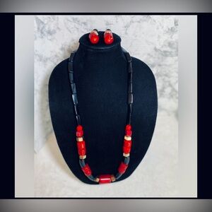 Chico's Black and Red Beaded Necklace and matching Earrings